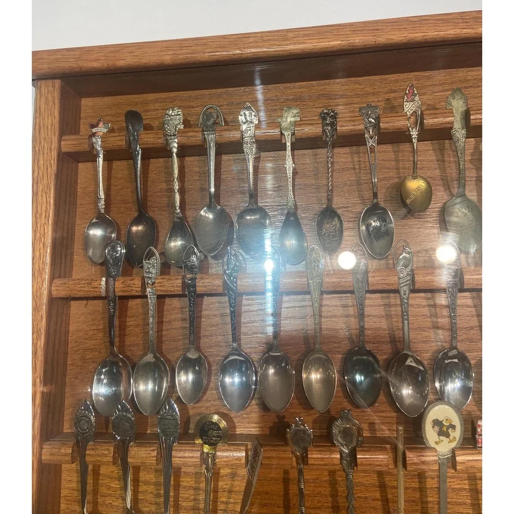 Collectible Souvenir Spoons with Wooden Display Case 44 Spoons Total
